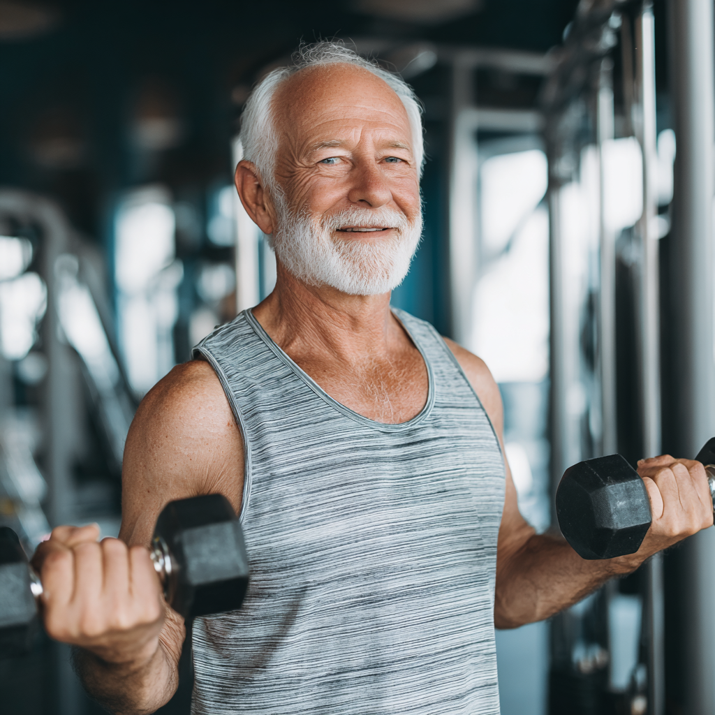 Smiling elderly European man enjoying healthy meal, representing vitality and energy from proper nutrition